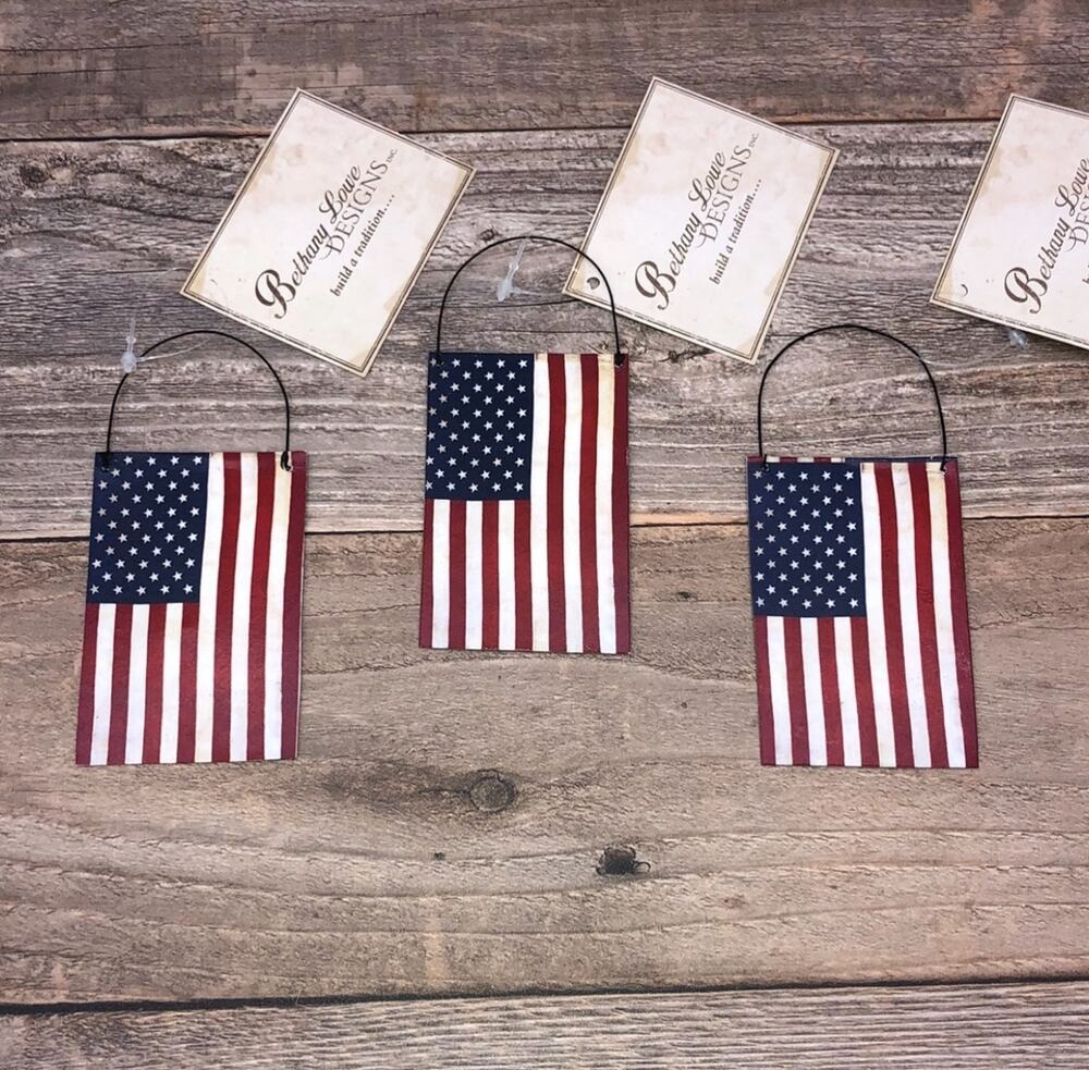 Set Of 3 Bethany Lowe American Flag Tin Ornaments Americana 4th Of July NEW